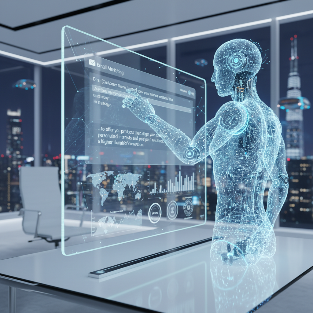 Illustration of a futuristic dashboard where an AI bot is actively rewriting a paragraph of text within an email editor based on user data.