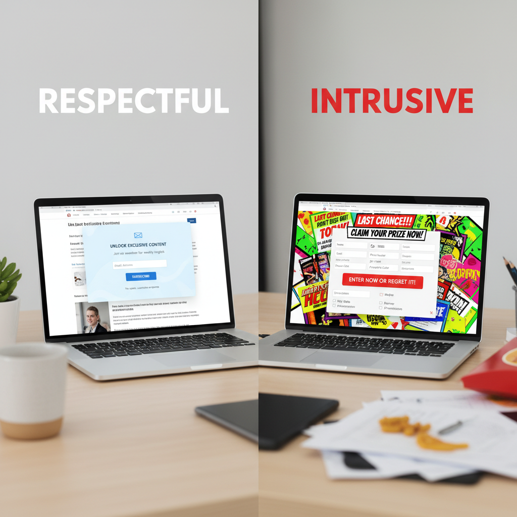 A split-screen comparison visual showing a high-converting, clean pop-up on the left versus a cluttered, intrusive pop-up on the right, labeled 'Respectful' vs 'Intrusive'