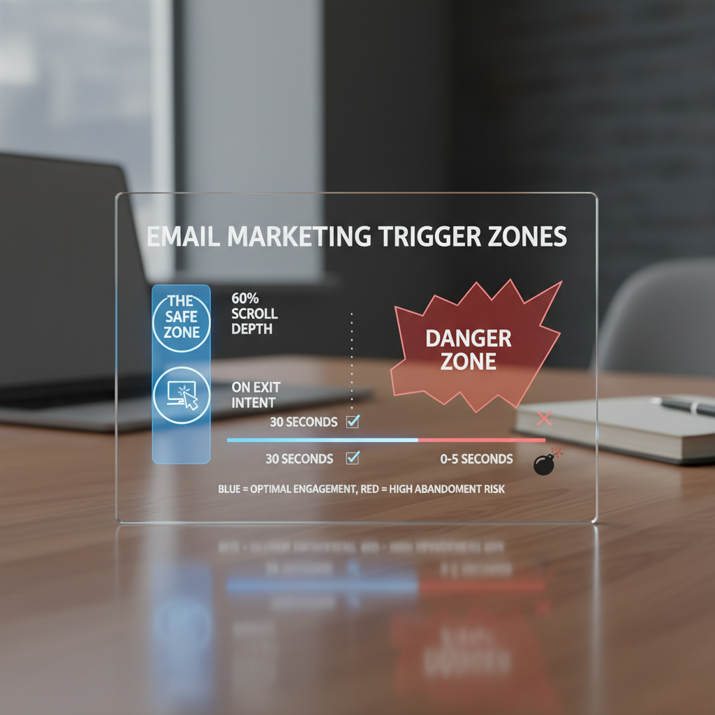 A diagram illustrating 'The Safe Zone' for triggers: showing a timeline where triggers fire at 60% scroll depth or on exit intent, contrasted with a 'Danger Zone' at 0-5 seconds