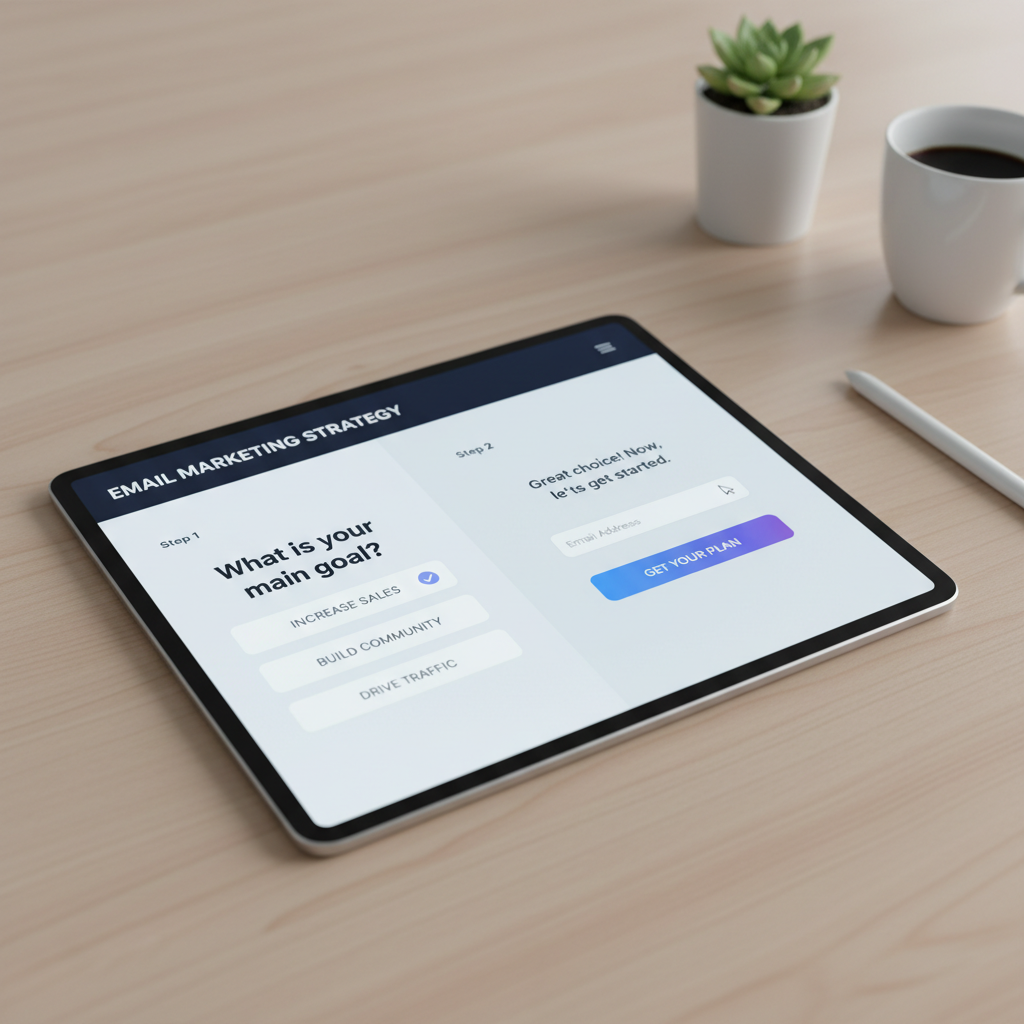 A screenshot sequence showing a 2-step form process. Step 1: A simple question 'What is your main goal?'. Step 2: The email input field appearing after the selection.