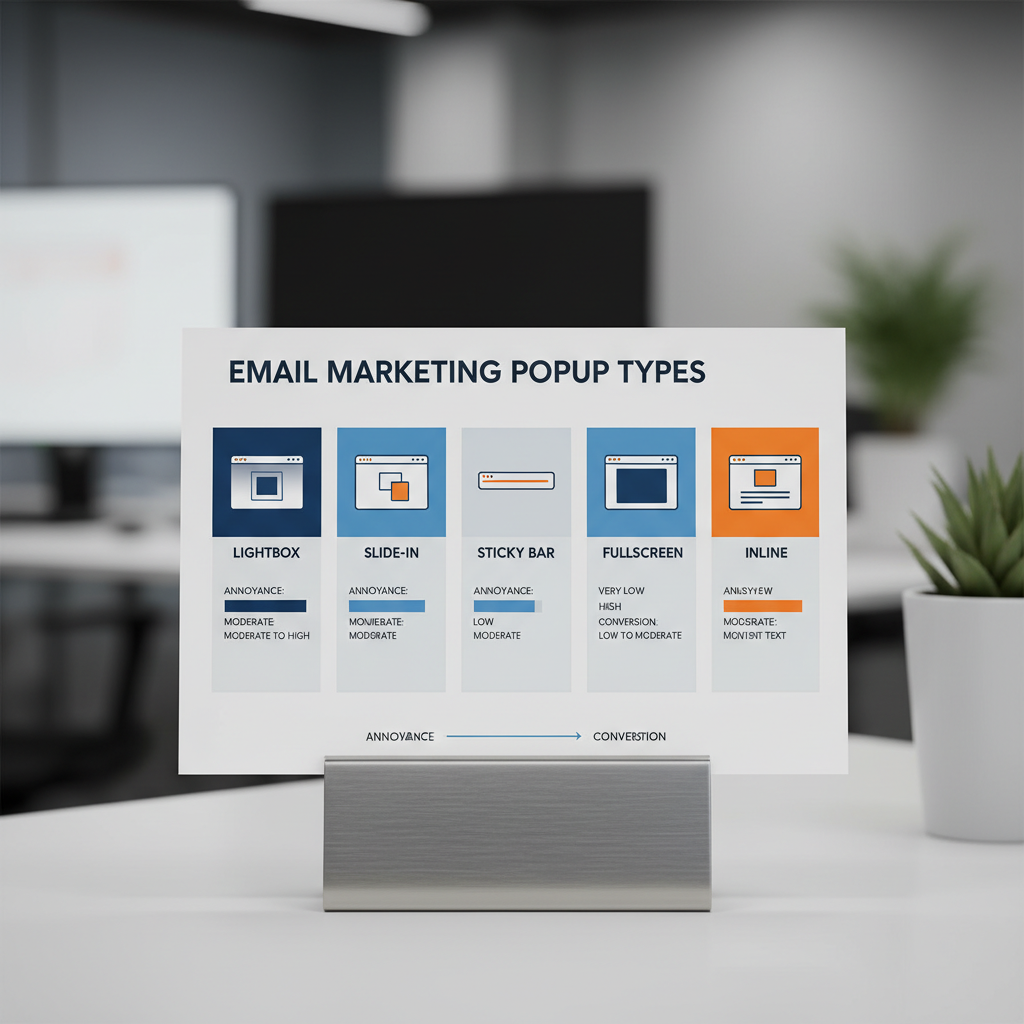 An infographic showing 5 different popup types: Lightbox, Slide-in, Sticky Bar, Fullscreen, and Inline, with a 'Annoyance vs Conversion' scale for each