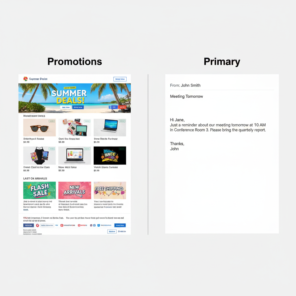 A split-screen comparison showing a complex HTML email with many images on the left labeled 