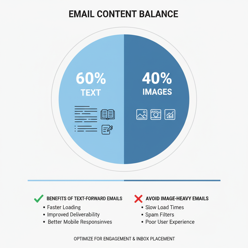 An infographic displaying the ideal 60/40 text-to-image ratio, visually representing a balanced email structure that favors text over heavy graphics.