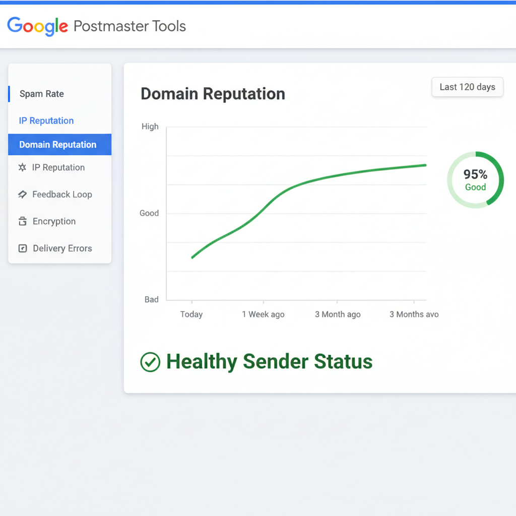 A screenshot of the Google Postmaster Tools dashboard showing a graph of 'Domain Reputation' with a high ranking, indicating a healthy sender status.
