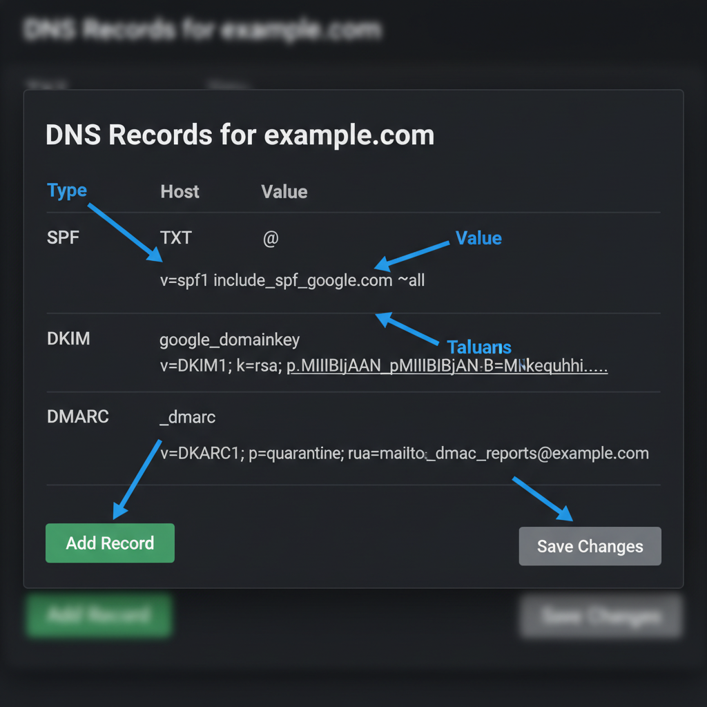 Screenshot of a DNS settings panel showing correct entries for SPF, DKIM, and DMARC records. Arrows point to the 'Type', 'Host', and 'Value' fields to guide the user. Alt text: Example of correct DNS records for SPF, DKIM, and DMARC setup.