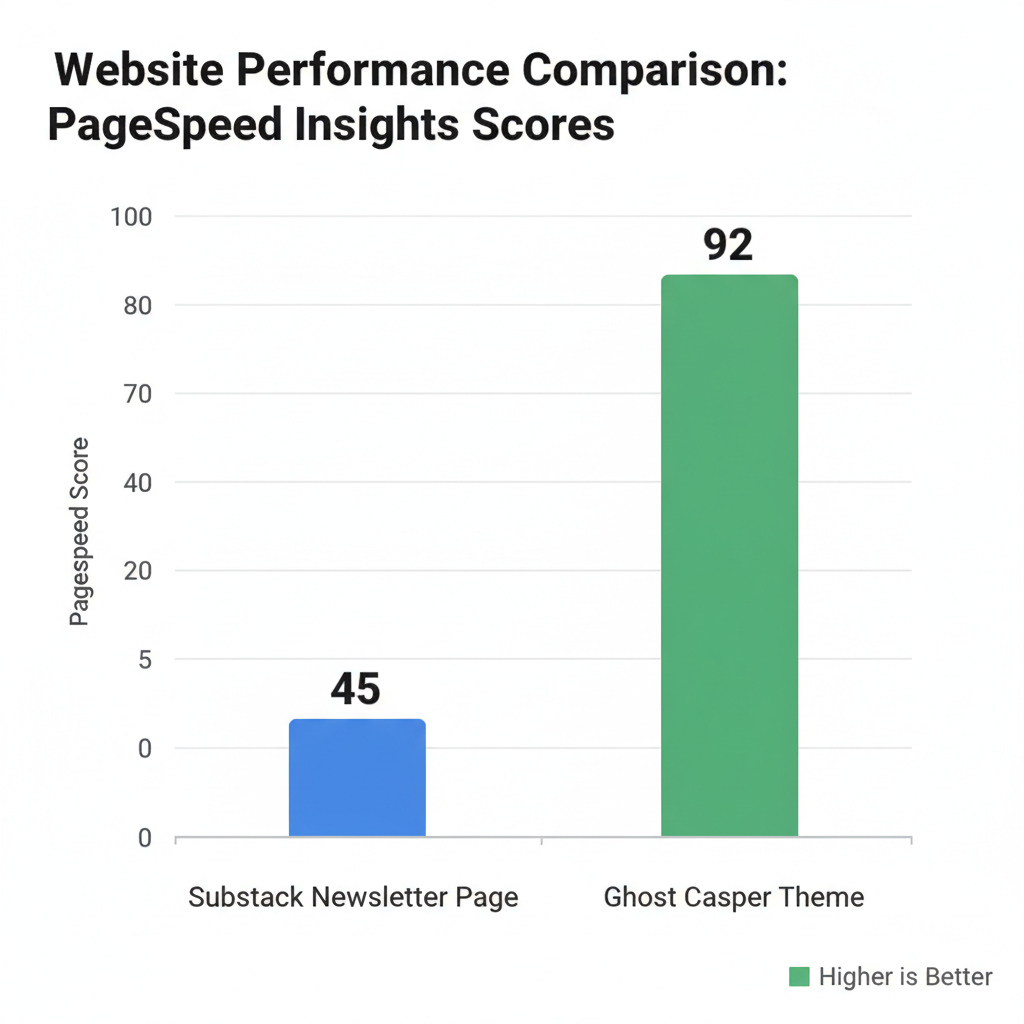 A bar chart comparing Google PageSpeed Insights scores for a standard Substack newsletter page versus a Ghost publication using the 