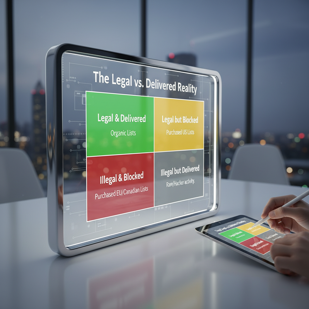 A 2x2 Matrix chart titled "The Legal vs. Delivered Reality". Quadrant 1 (Green): "Legal & Delivered" - Organic Lists. Quadrant 2 (Yellow): "Legal but Blocked" - Purchased US Lists. Quadrant 3 (Red): "Illegal & Blocked" - Purchased EU/Canadian Lists. Quadrant 4 (Grey): "Illegal but Delivered" - Rare/Hacker activity.