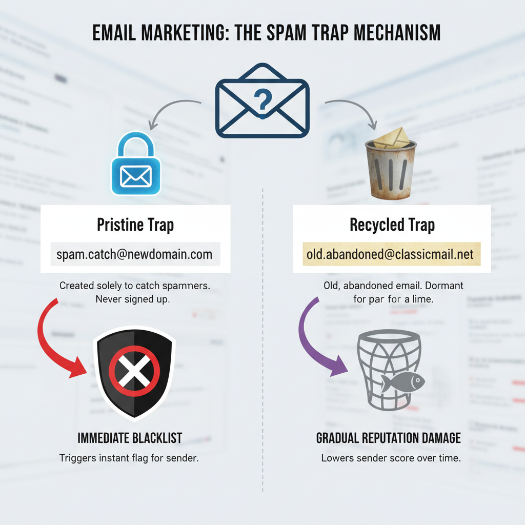 An infographic illustrating the "Spam Trap" mechanism. It shows a 'Pristine Trap' (an email address created solely to catch spammers, never signed up for anything) and a 'Recycled Trap' (an old abandoned email). Arrows show that if an email is sent to a Pristine Trap, it triggers an immediate blacklist.
