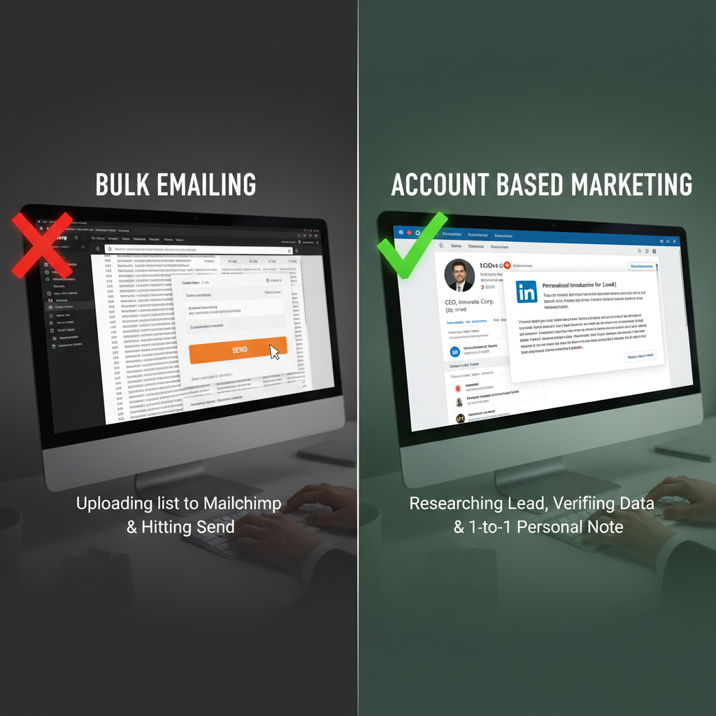 A split-screen graphic. Left side (Red X): "Bulk Emailing" - uploading a list to Mailchimp and hitting send. Right side (Green Check): "Account Based Marketing" - Researching a lead on LinkedIn, verifying the data, and sending a 1-to-1 personal note.