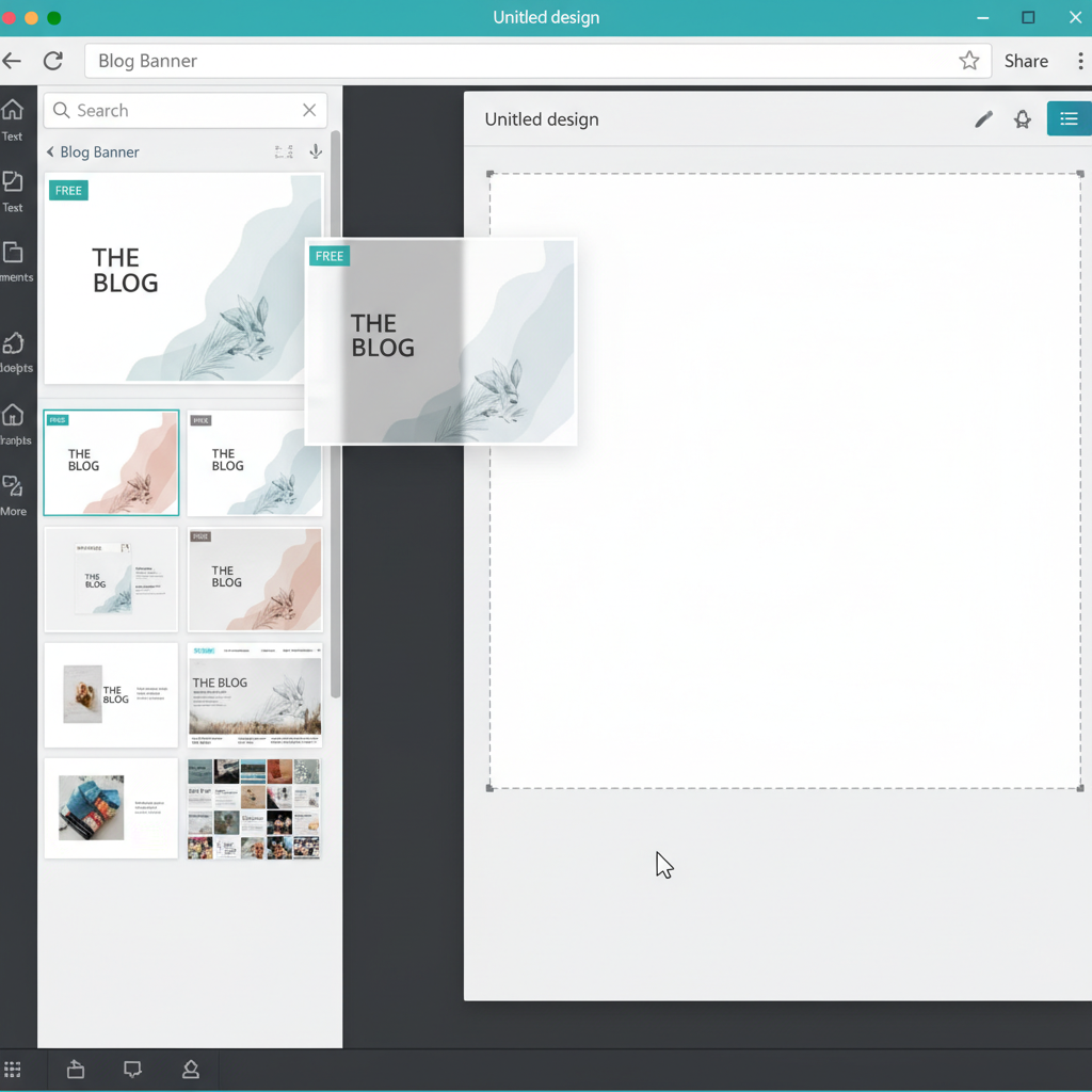 A screenshot of the Canva interface showing a user selecting a free blog banner template with a drag-and-drop action.
