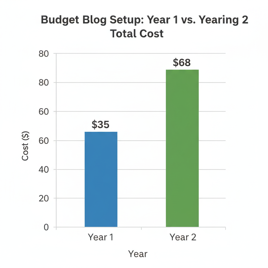 A simple bar graph comparing the Year 1 total cost of $35 versus the Year 2 total cost of $68 for a budget blog setup.