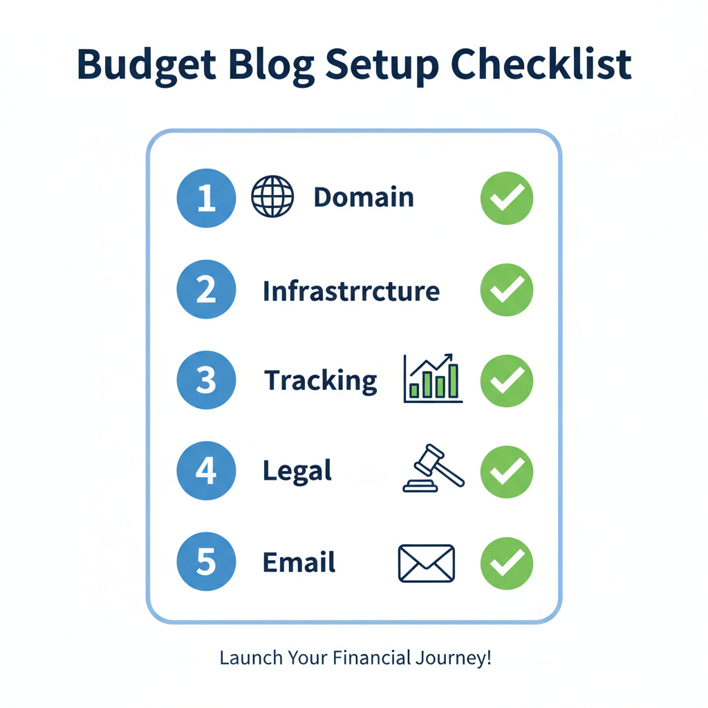 A numbered checklist graphic displaying the five steps to setting up a budget blog: Domain, Infrastructure, Tracking, Legal, and Email.