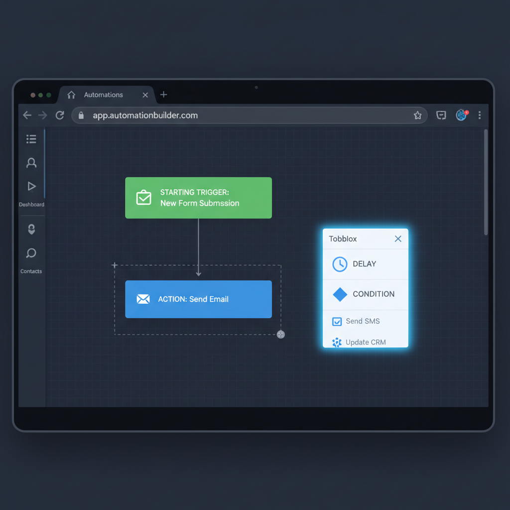 A screenshot of a visual automation builder interface showing a starting trigger connected to an email action step. The interface highlights the drag-and-drop elements for adding delays and conditions.
