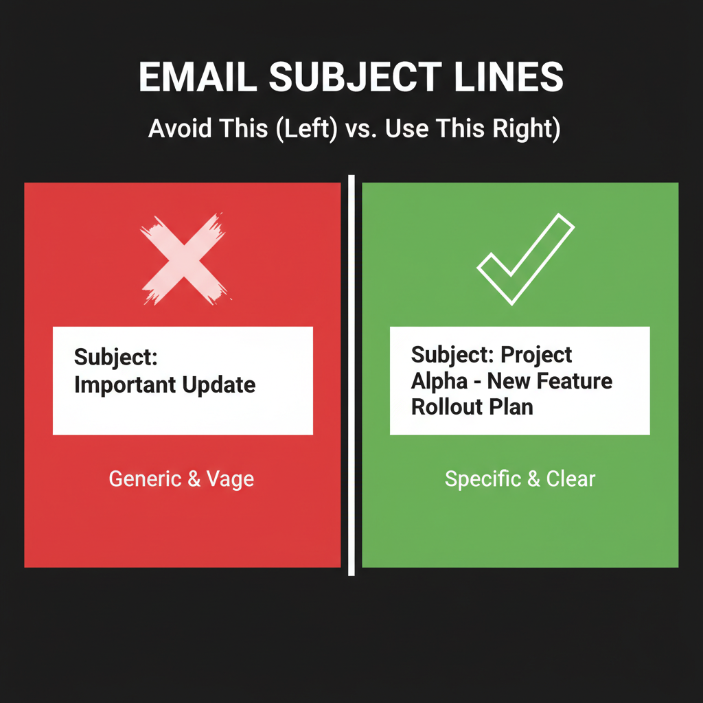 A comparison graphic showing two email subject lines side-by-side. The left side shows a generic subject line marked with a red X, and the right side shows a specific, clear subject line marked with a green checkmark.