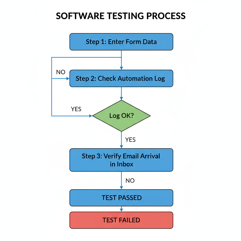 A flowchart diagram illustrating the testing process: Step 1 Enter Form Data, Step 2 Check Automation Log, Step 3 Verify Email Arrival in Inbox.