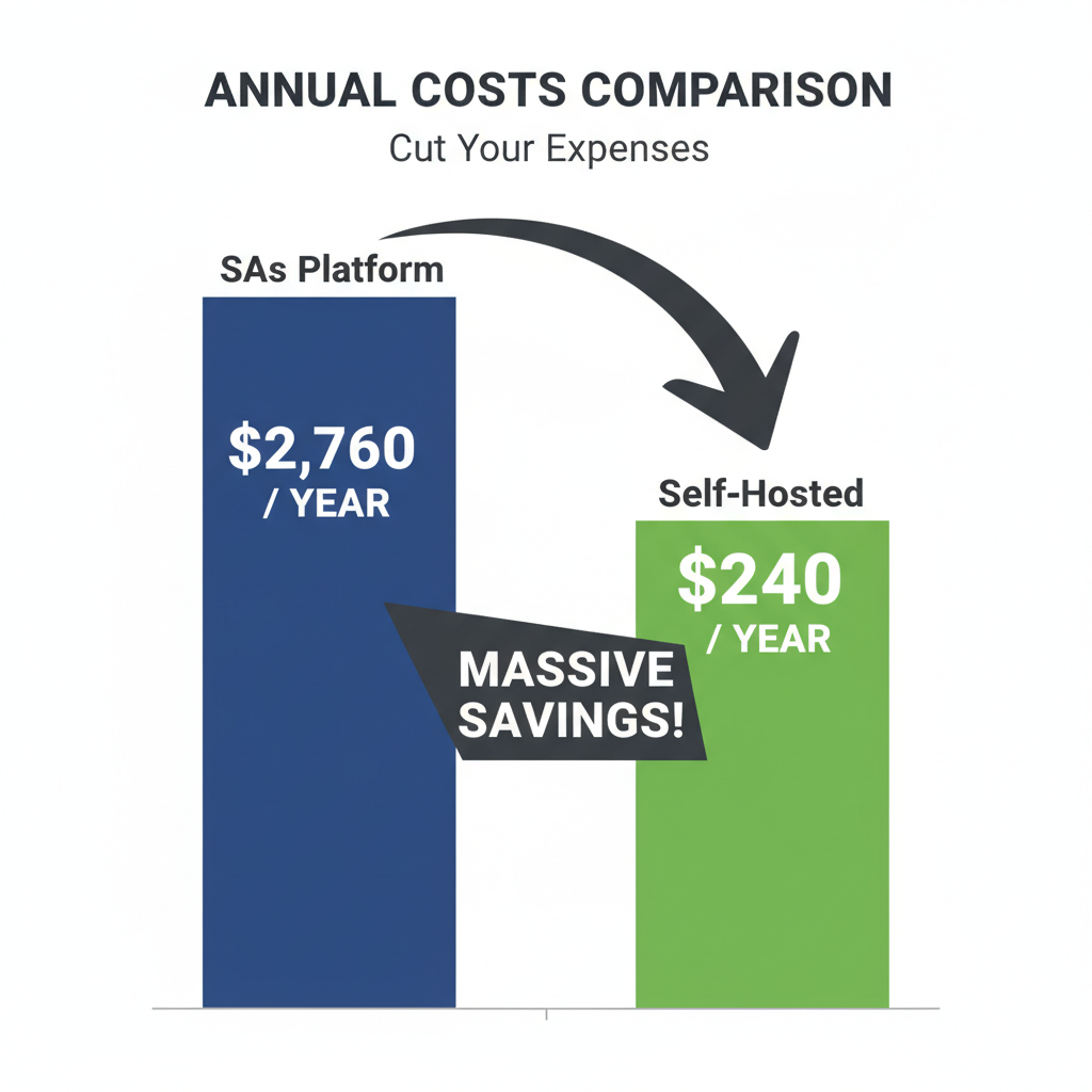 A simple bar chart comparing annual costs. The left bar shows 'SaaS Platform' at $2,760 per year. The right bar shows 'Self-Hosted' at $240 per year. The visual highlights the massive savings.