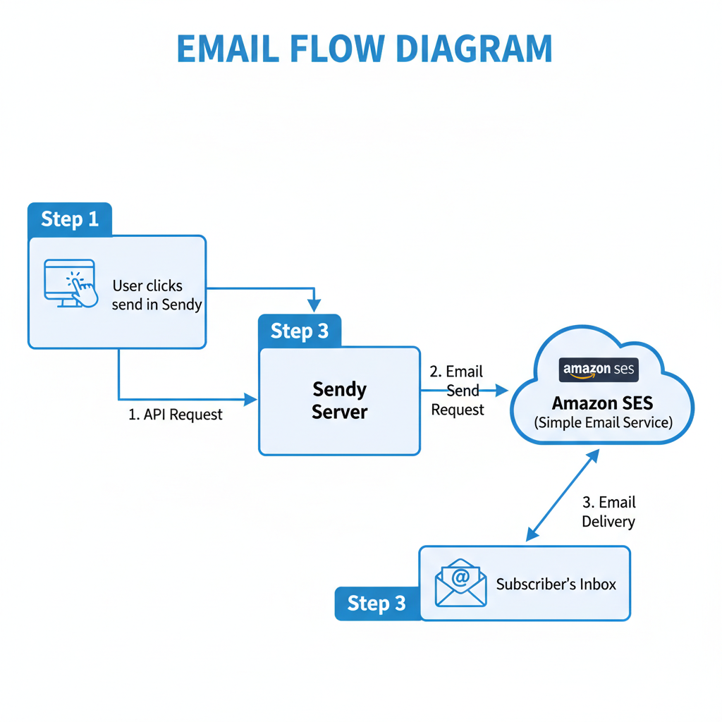 A technical diagram showing the flow of an email. Step 1: User clicks send in Sendy. Step 2: Server sends request to Amazon SES. Step 3: Amazon SES delivers email to the subscriber's inbox.
