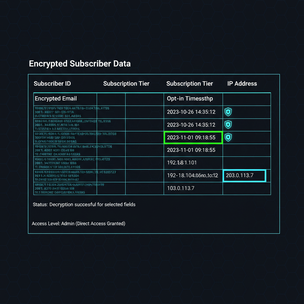 A screenshot of a database table showing encrypted subscriber data. The visual emphasizes security and direct access to data fields like 'opt-in timestamp' and 'IP address'.