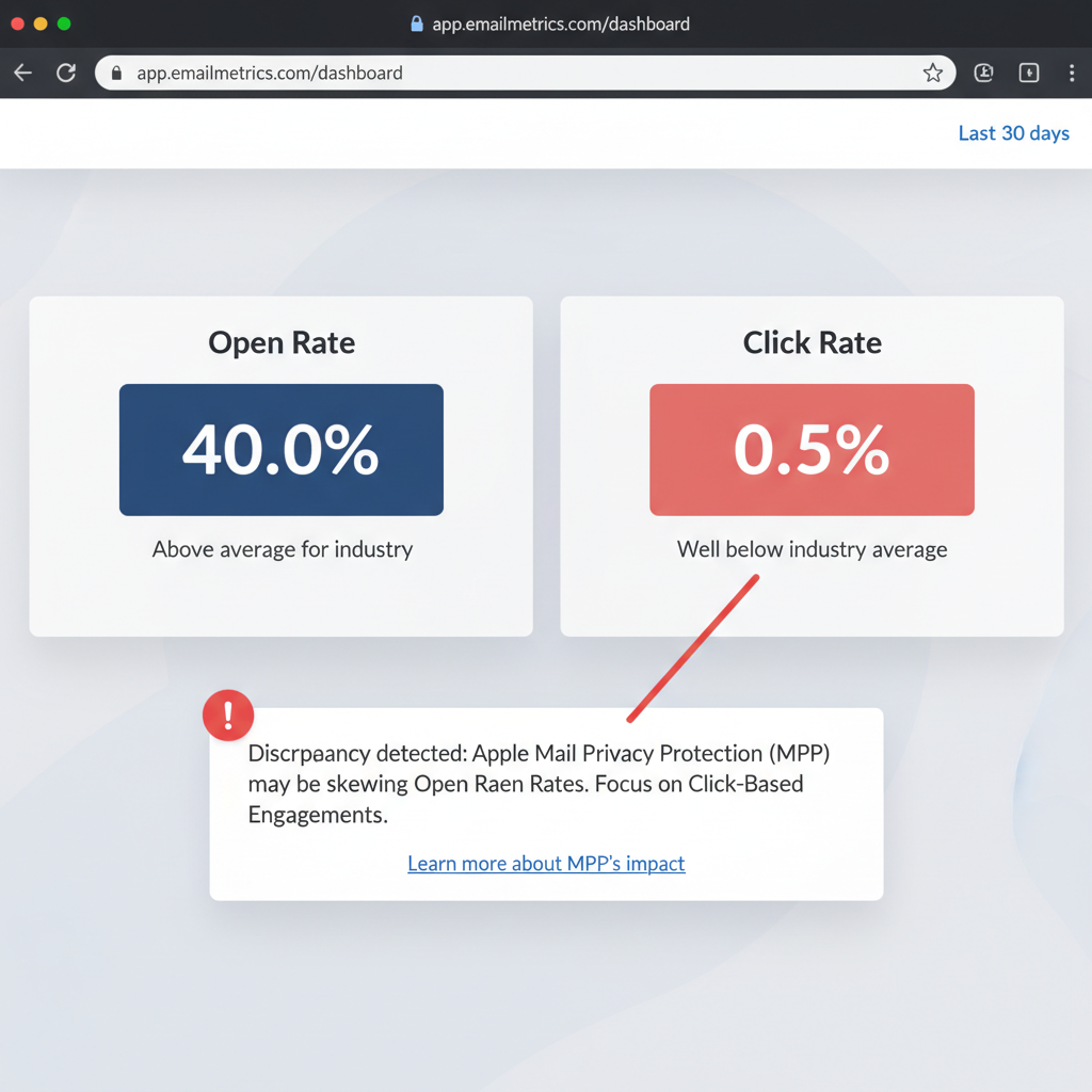 A screenshot of an email service provider dashboard showing two columns: 'Open Rate' and 'Click Rate'. The Open Rate is high (40%) but the Click Rate is very low (0.5%), highlighting the discrepancy caused by Apple MPP.