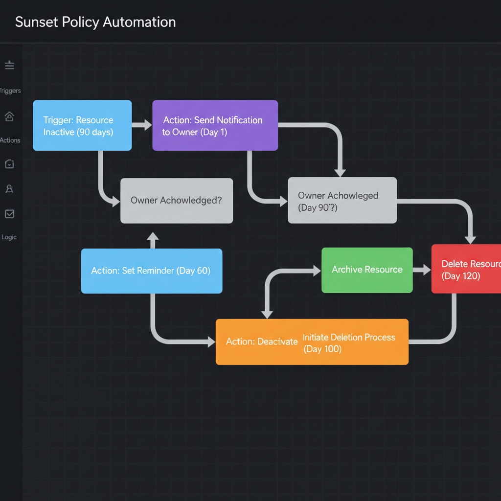 A screenshot of an automation workflow builder. It shows the triggers and actions for a sunset policy, connecting boxes with arrows to demonstrate the flow from 'Inactive' to 'Delete'.