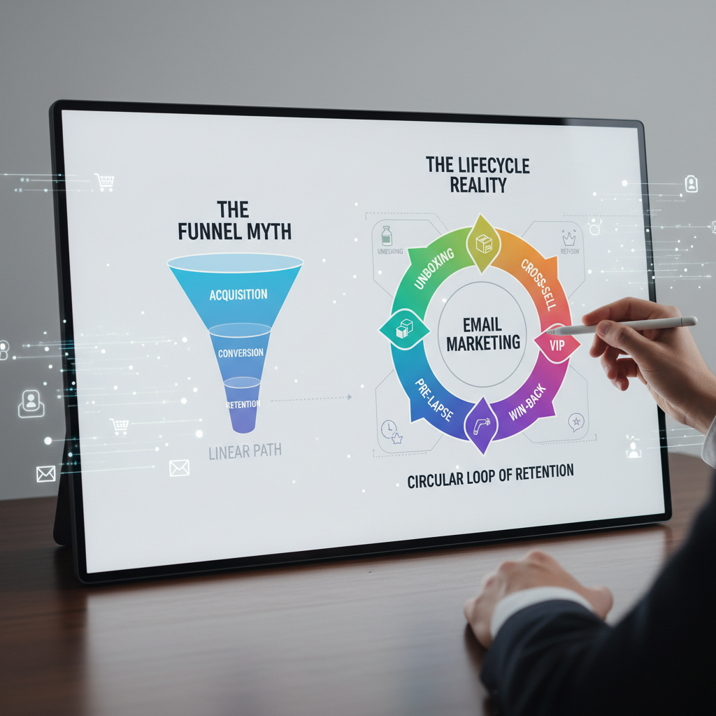 A comparative graphic showing "The Funnel Myth" (linear path) vs "The Lifecycle Reality" (circular loop of retention). The loop highlights where the 7 sequences fit: Unboxing, Replenishment, Cross-sell, VIP, Pre-lapse, Win-back, Review.