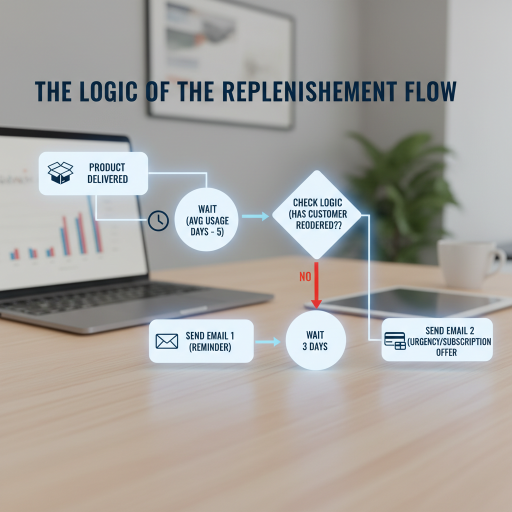 A flowchart graphic titled "The Logic of the Replenishment Flow." Step 1: Product Delivered. Step 2: Wait (Avg Usage Days - 5). Step 3: Check Logic (Has customer reordered?). Step 4: No -> Send Email 1 (Reminder). Step 5: Wait 3 Days. Step 6: Send Email 2 (Urgency/Subscription offer).