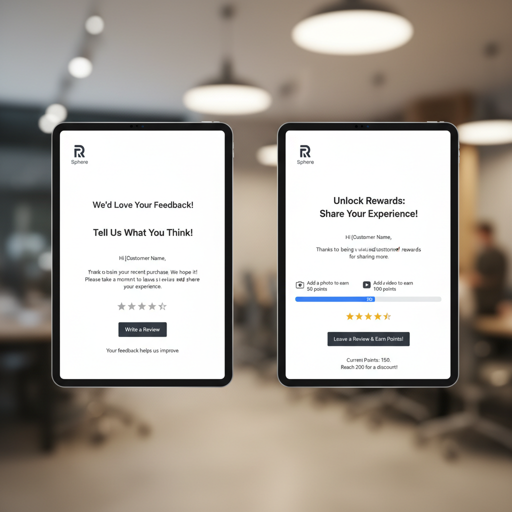 Screenshot example of a "Review Request" email. On the left, a standard request. On the right, an "Advanced" request showing a dynamic reward bar: "Add a photo to earn 50 points, Add a video to earn 100 points."