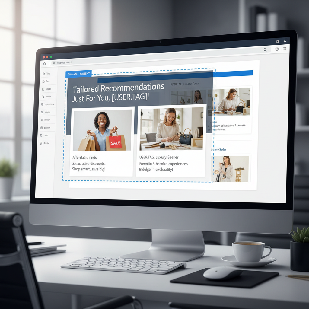 Screenshot of an email editor showing a "Dynamic Content Block" where the text changes based on a user tag like "Budget-Conscious" vs "Luxury-Seeker"
