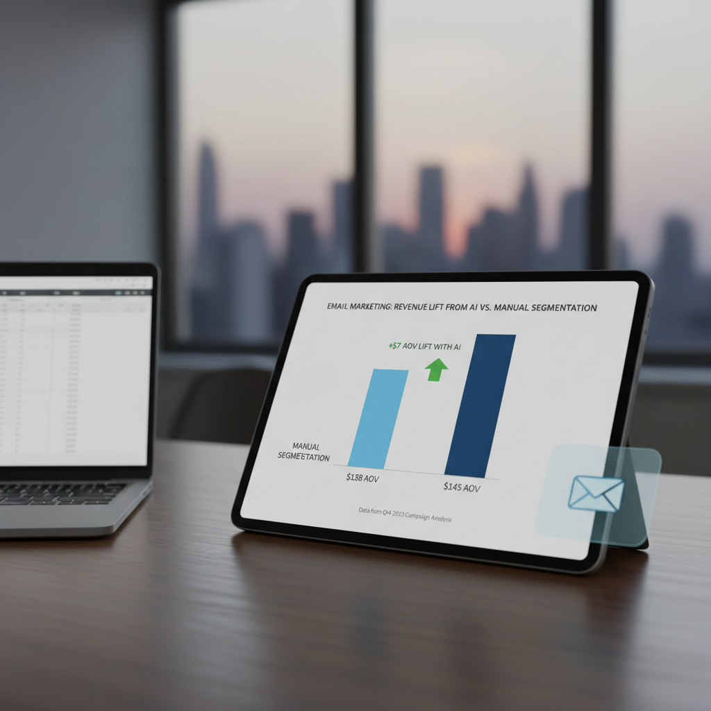Chart showing "Revenue Lift from AI vs. Manual Segmentation". Data points comparing $138 AOV for non-AI vs $145 AOV for AI marketers