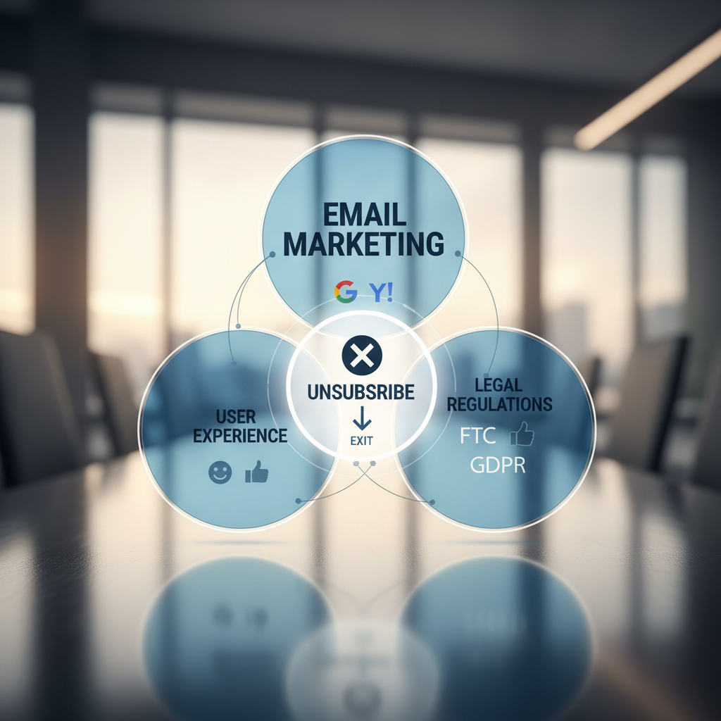 Diagram showing the relationship between Email Clients (Google/Yahoo), Legal Regulations (FTC/GDPR), and User Experience, highlighting the "Unsubscribe" process as the intersection point.