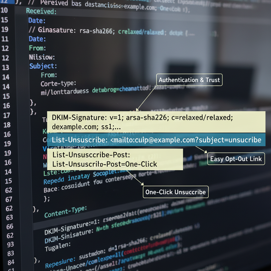 Anatomy of an Email Header. A visual breakdown highlighting the DKIM-Signature, List-Unsubscribe, and List-Unsubscribe-Post lines in code.