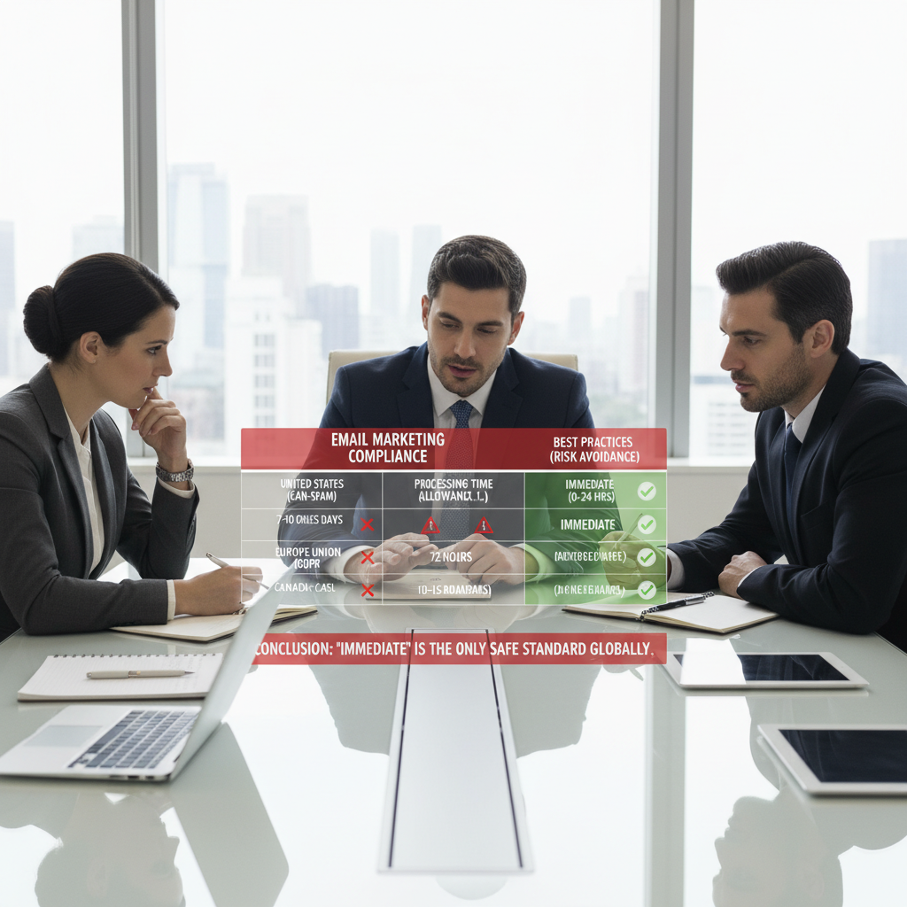 Table comparing "Processing Time Allowances" vs "Best Practices" across US, EU, and Canada, showing that while laws vary, "Immediate" is the only safe standard.