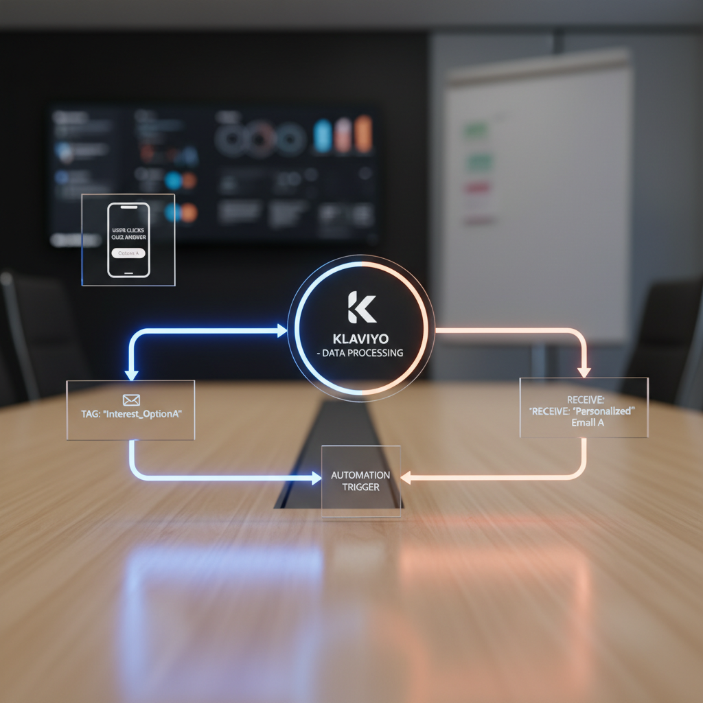 A flowchart diagram illustrating the data path from a user clicking a quiz answer to being tagged in Klaviyo and receiving a specific personalized email.