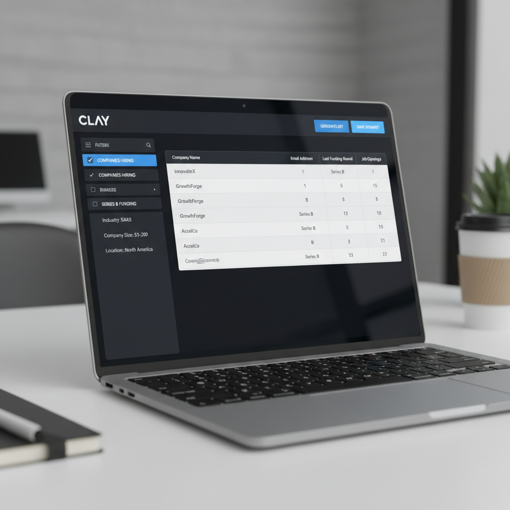A screenshot simulation of a 'Clay' or 'Apollo' dashboard showing filters set for 'Companies Hiring' and 'Series B Funding' to generate a targeted lead list.