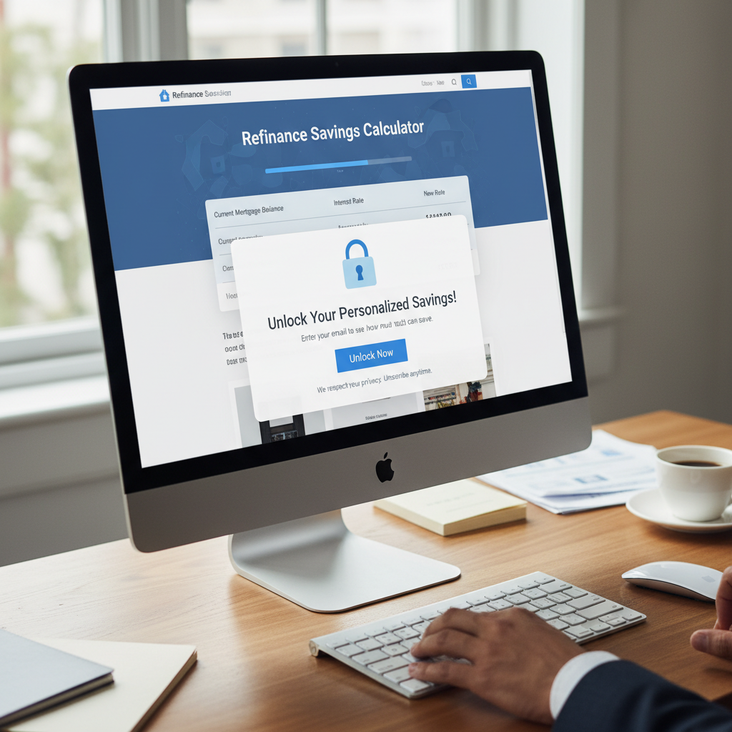 A mockup of a 'Refinance Savings Calculator' widget embedded on a webpage, showing a locked results screen that requires an email address to unlock.