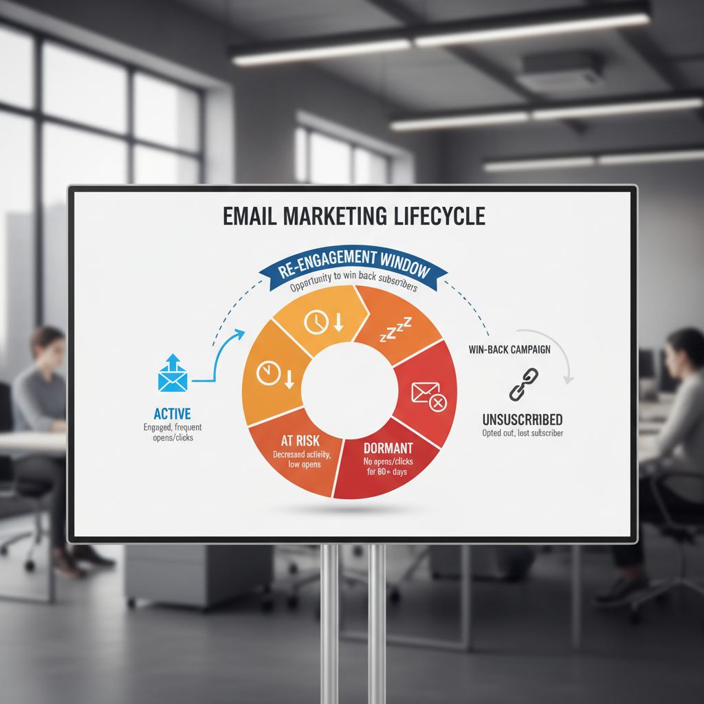 A modern infographic showing the lifecycle of an email subscriber: Active -> At Risk -> Dormant -> Unsubscribed, highlighting the 'Re-engagement Window' opportunity.