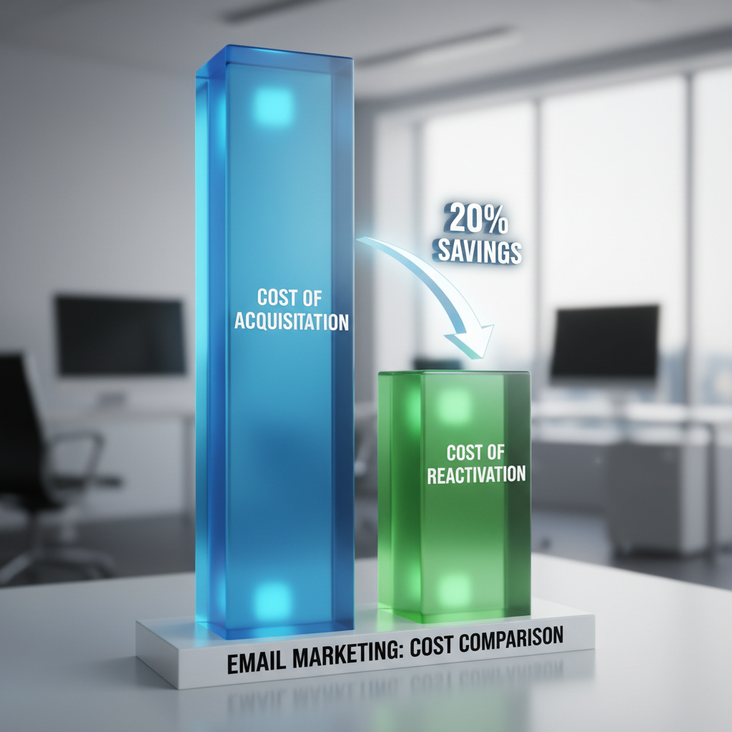 Bar chart comparison: 'Cost of Acquisition' (High Bar) vs 'Cost of Reactivation' (Low Bar), showing the 20% savings gap.