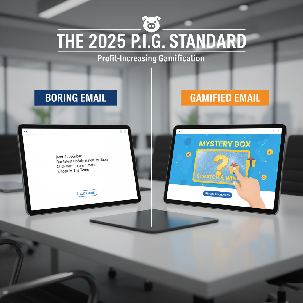 A split-screen graphic comparing a 'Boring Email' (Text only) vs a 'Gamified Email' (Scratch-card effect or mystery box), labeled 'The 2025 P.I.G. Standard'.