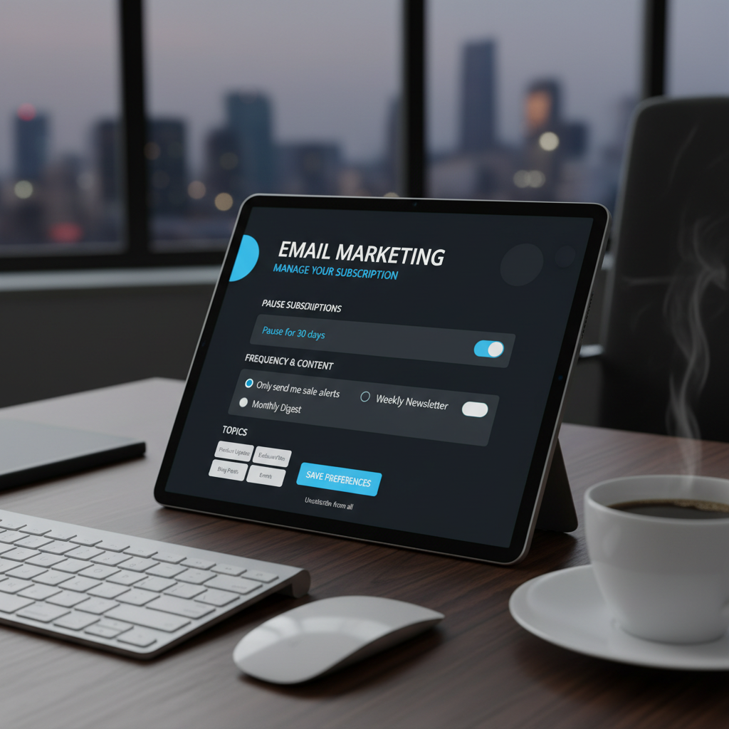 Screenshot of a sophisticated Email Preference Center showing options like 'Pause for 30 days', 'Only send me sale alerts', and 'Monthly Digest'.