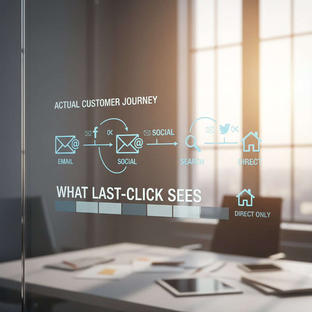 A comparative graphic showing a customer journey. Top line: Actual journey (Email > Social > Email > Search > Direct). Bottom line: What Last-Click sees (Direct only).