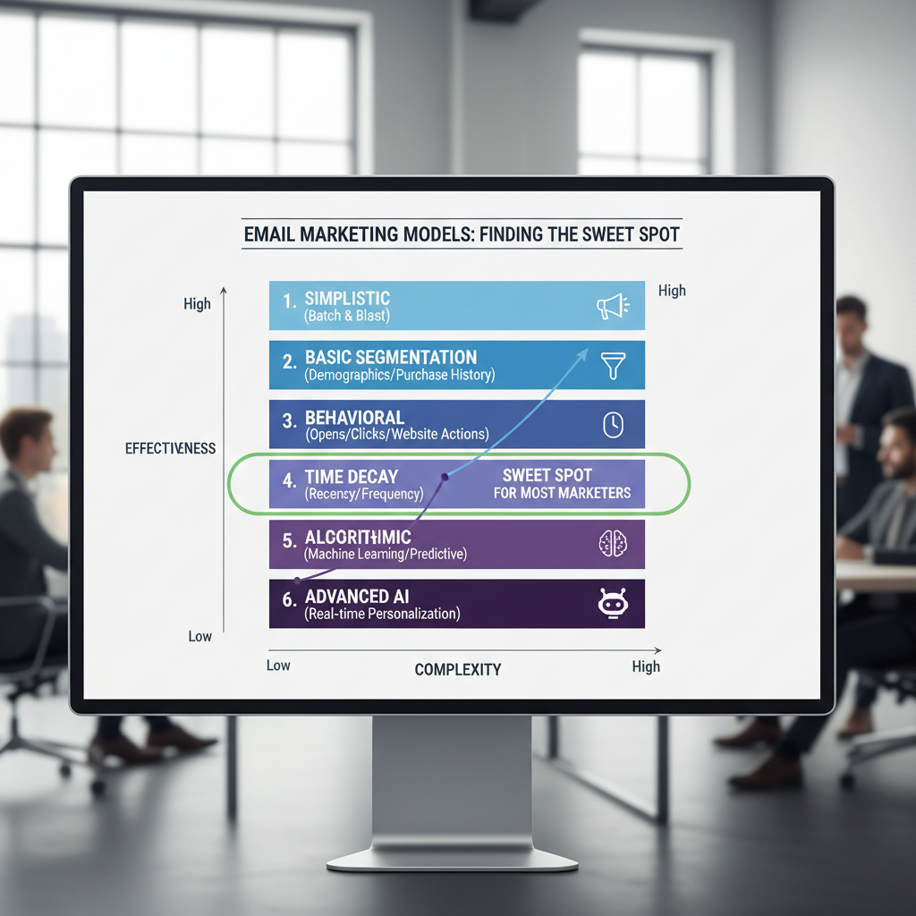 An infographic chart ranking the 6 models from "Simplistic" to "Advanced," highlighting the "Time Decay" and "Algorithmic" models as the sweet spot for most marketers.