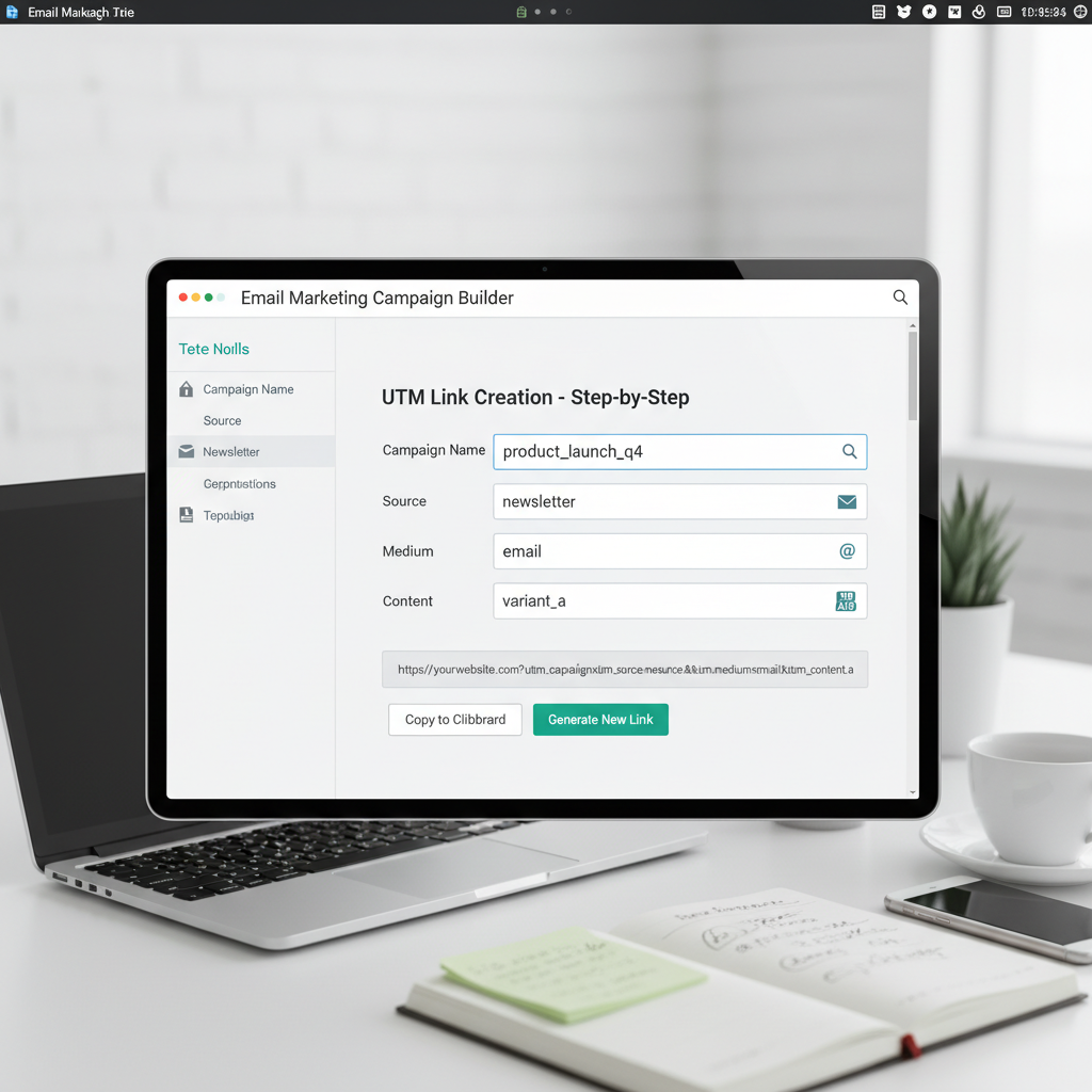 A step-by-step view of a UTM builder tool, showing fields for Campaign, Source (newsletter), Medium (email), and Content (variant_a).