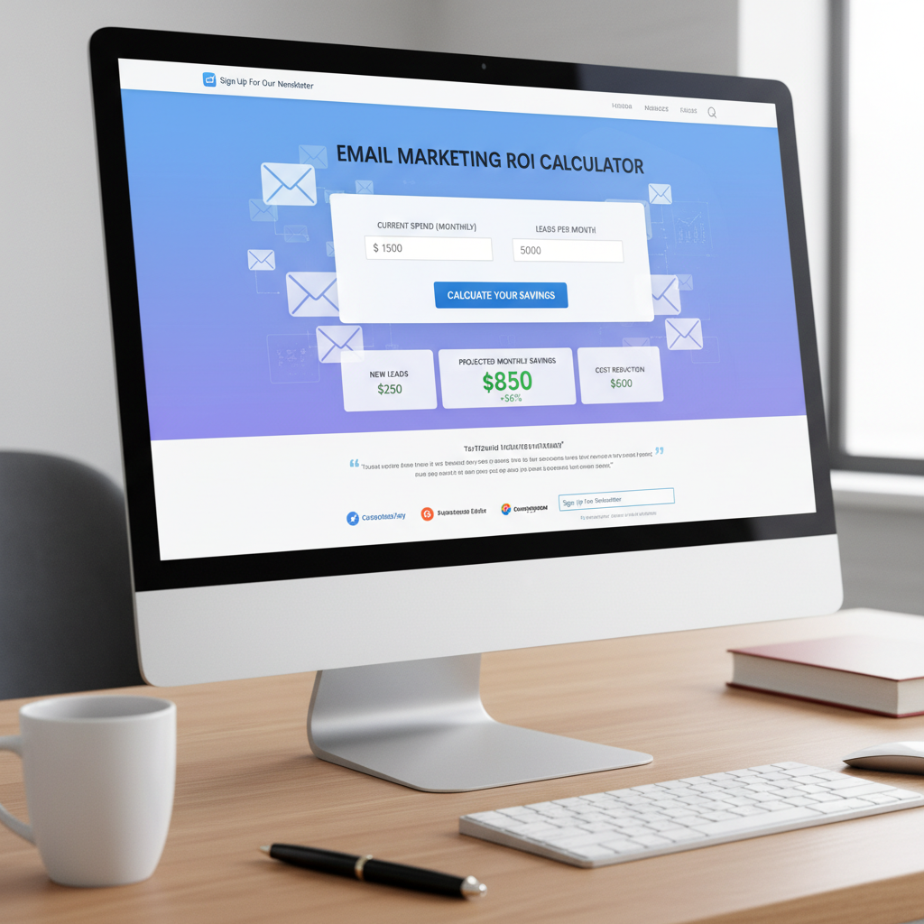 Mockup of an ROI Calculator embedded on a landing page. The user inputs 'Current Spend' and 'Leads per Month' to see 'Projected Savings'.