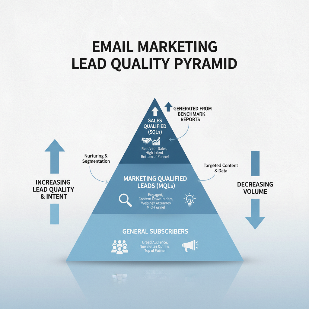 Visualizing the "Lead Quality Pyramid." Bottom: General Subscribers. Middle: Marketing Qualified Leads (MQLs). Top: Sales Qualified Leads (SQLs) generated from Benchmark Reports.