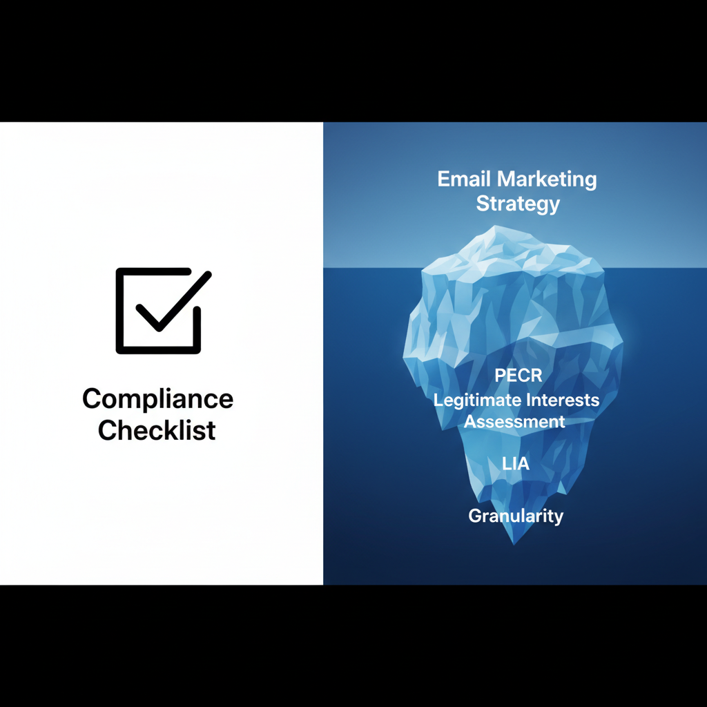 A split-screen graphic. On the left, a simple checkbox labeled "Compliance Checklist." On the right, a complex iceberg diagram showing "PECR," "LIA," and "Granularity" hidden beneath the surface.