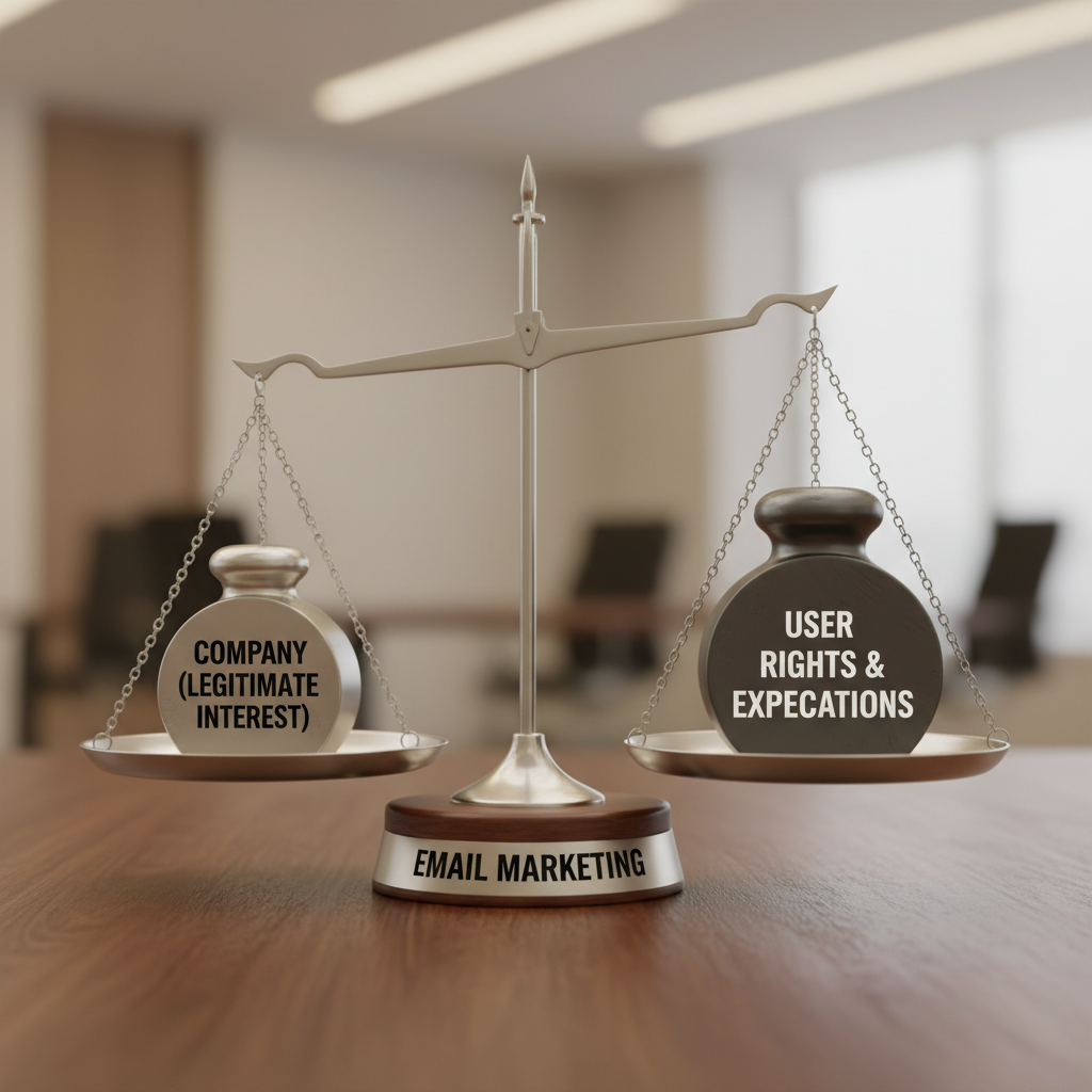 An infographic of a "Balancing Scale." On one side, a weight labeled "Company Growth (Legitimate Interest)." On the other side, a heavier weight labeled "User Rights & Expectations." The scale tips in favor of the user.