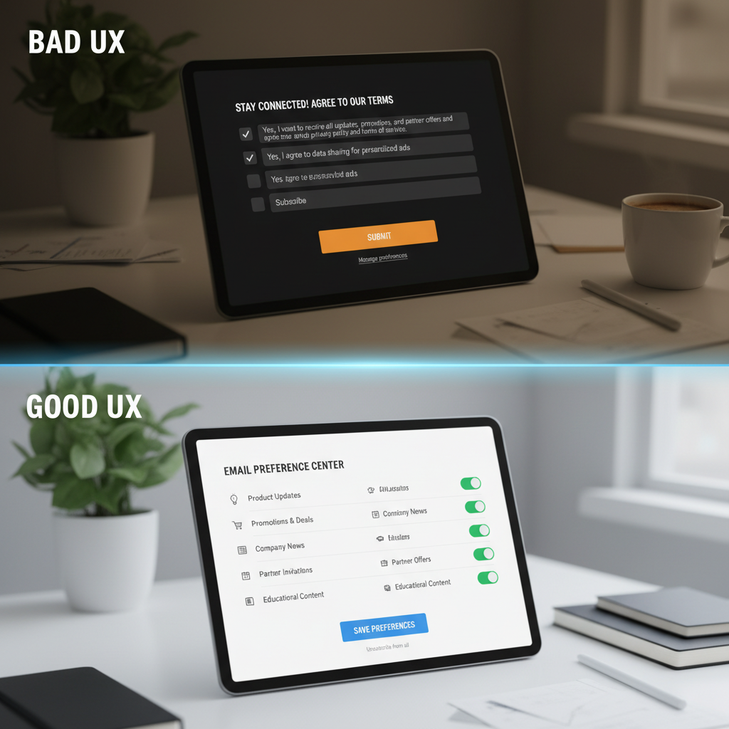 A "Bad vs. Good" UX design mockup. Top image shows a confusing form with pre-ticked boxes and bundled text. Bottom image shows a clean, granular preference center with clear toggles for different content types.