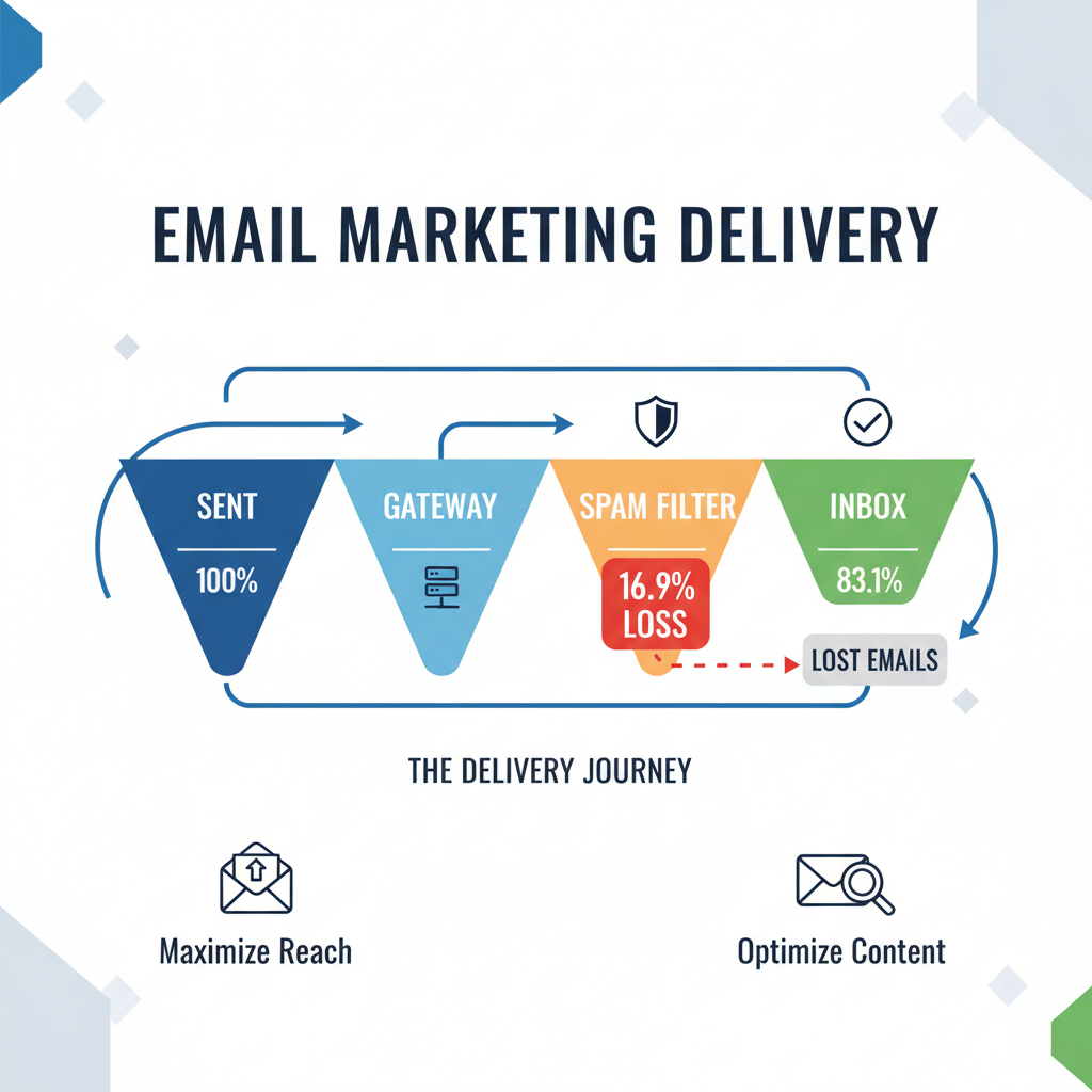 Infographic showing the funnel of email delivery: Sent -> Gateway -> Spam Filter -> Inbox, highlighting the 16.9% loss rate