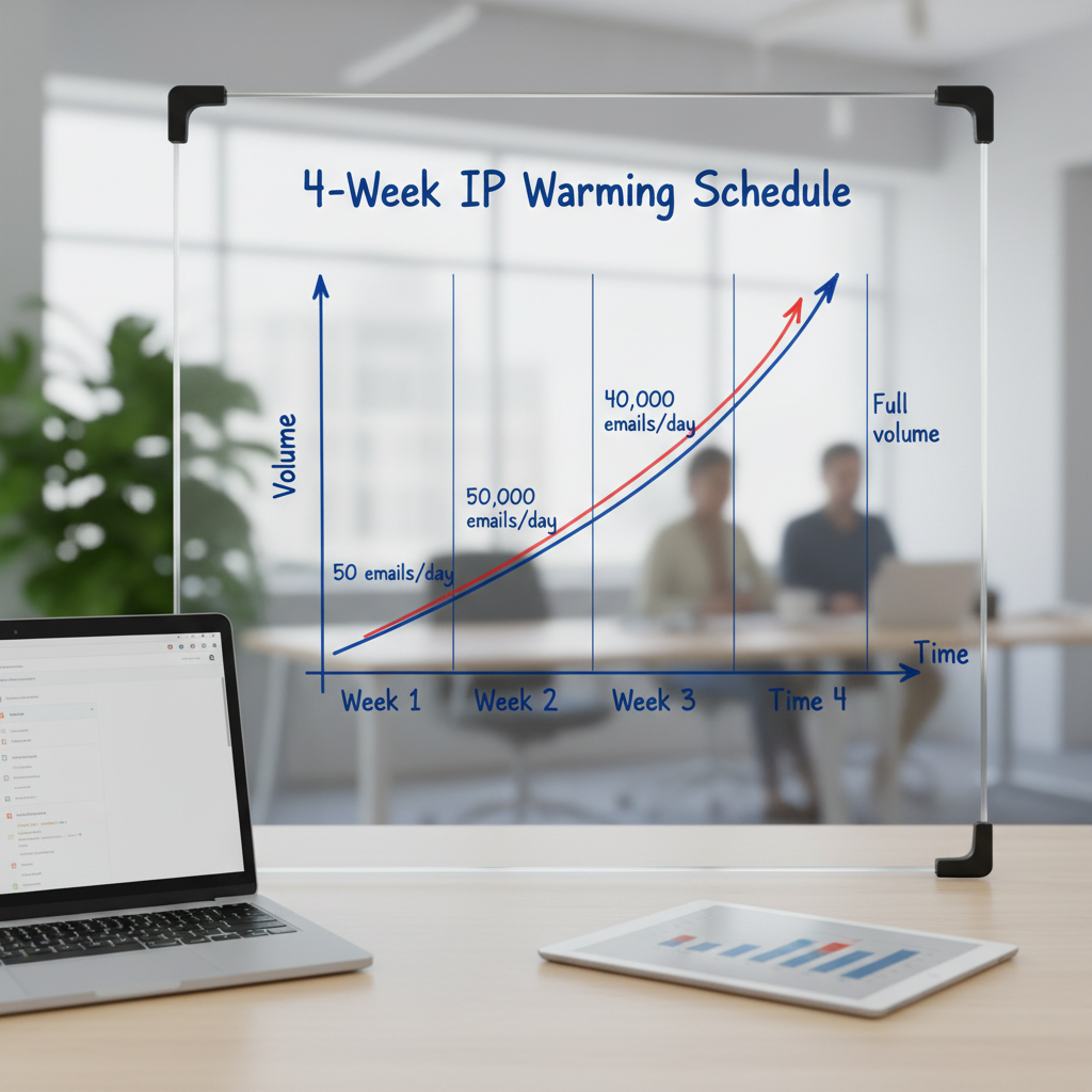 Chart titled "4-Week IP Warming Schedule" showing a curve. Week 1: 50 emails/day. Week 2: 500 emails/day. Week 3: 5,000 emails/day. Week 4: Full volume. The Y-axis is Volume, X-axis is Time.