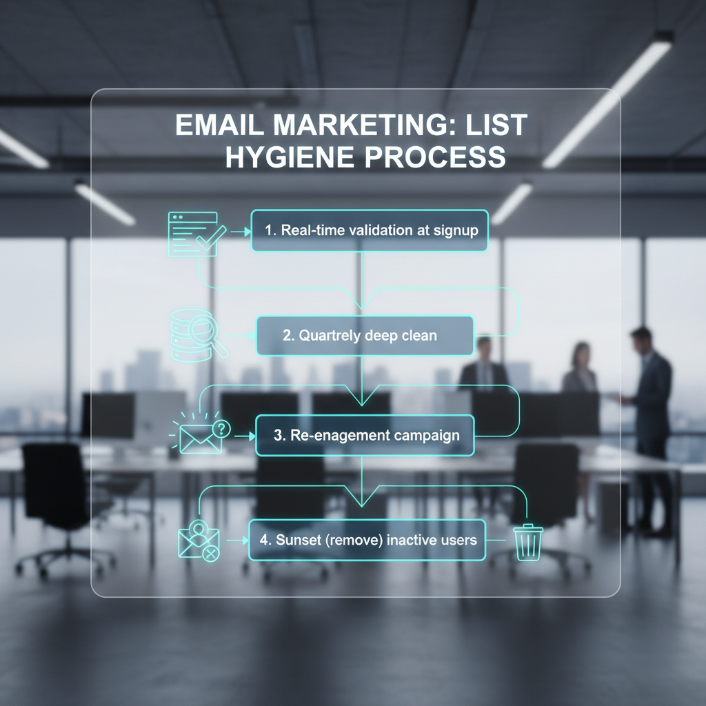 Visual flow chart showing "List Hygiene Process": 1. Real-time validation at signup -> 2. Quarterly deep clean -> 3. Re-engagement campaign -> 4. Sunset (remove) inactive users.